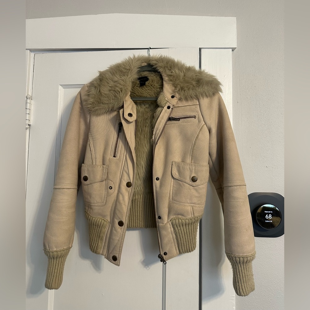 Mango Cream Teddy Jacket with Faux Fur Collar